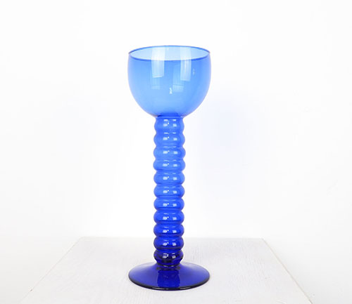 Hoogblauwbubbels2 Vintage hoog blauw glazen vaas of kandelaarVintage, hoge vaas, kandelaar, jaren 60, blauwe, geribbeld, Murano, italiaans