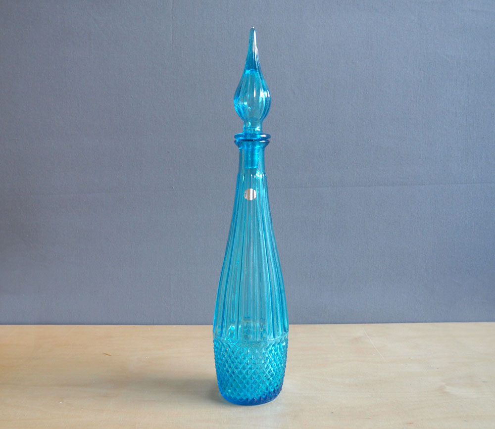 karaffensetGR2 Blauwe Empoli Genie karafEmpoli glas, vintage glas, midcentury design glass, empoli Italy, genie vaas